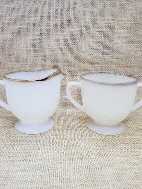 Fire King Anniversary Set Creamer Sugar Bowl Vintage Swirl Milk Glass Gold Rim